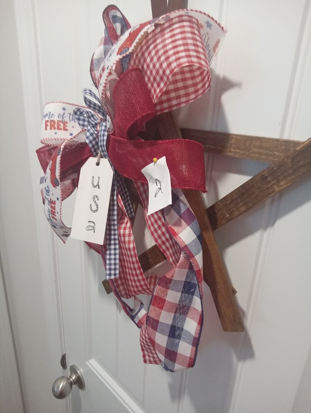 Patriotic Star Red Ribbon Holiday Wreath/Door Hanger Bow - USA Accent